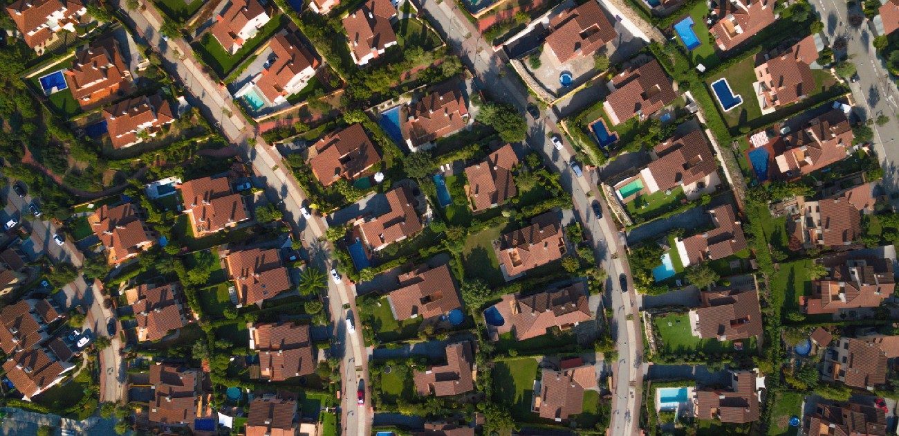 An aerial photograph of a residential neighborhood.