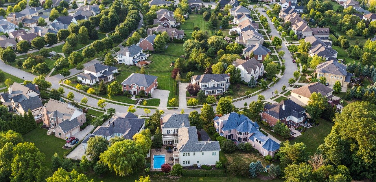 An aerial photograph of a residential neighborhood.