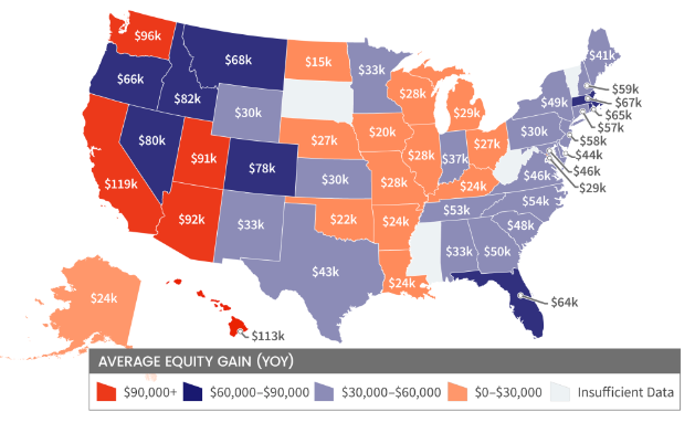 A map of the U.S. on a gradient color scale showing the average equity by state.