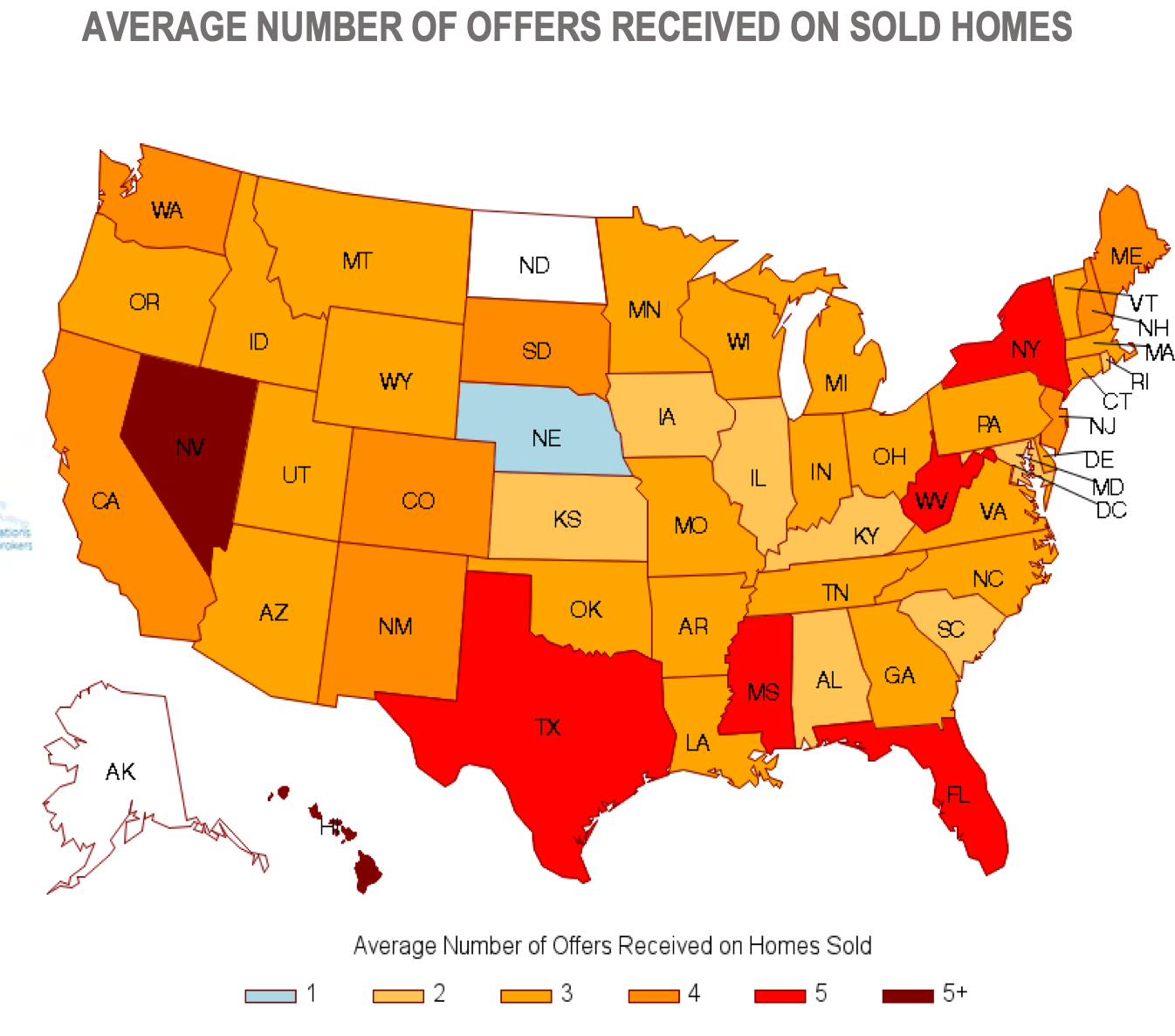 A map of the U.S. showing the average numbers of offers received on sold homes by state