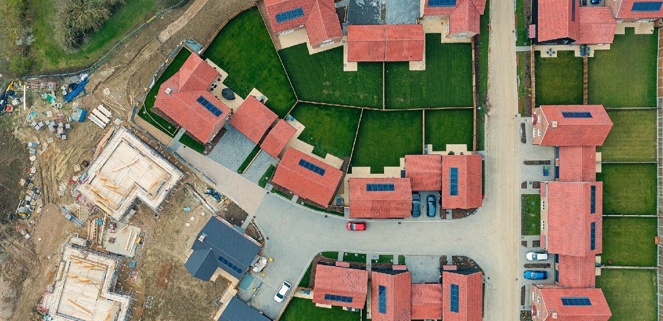 An aerial photograph of a residential neighborhood with new construction.