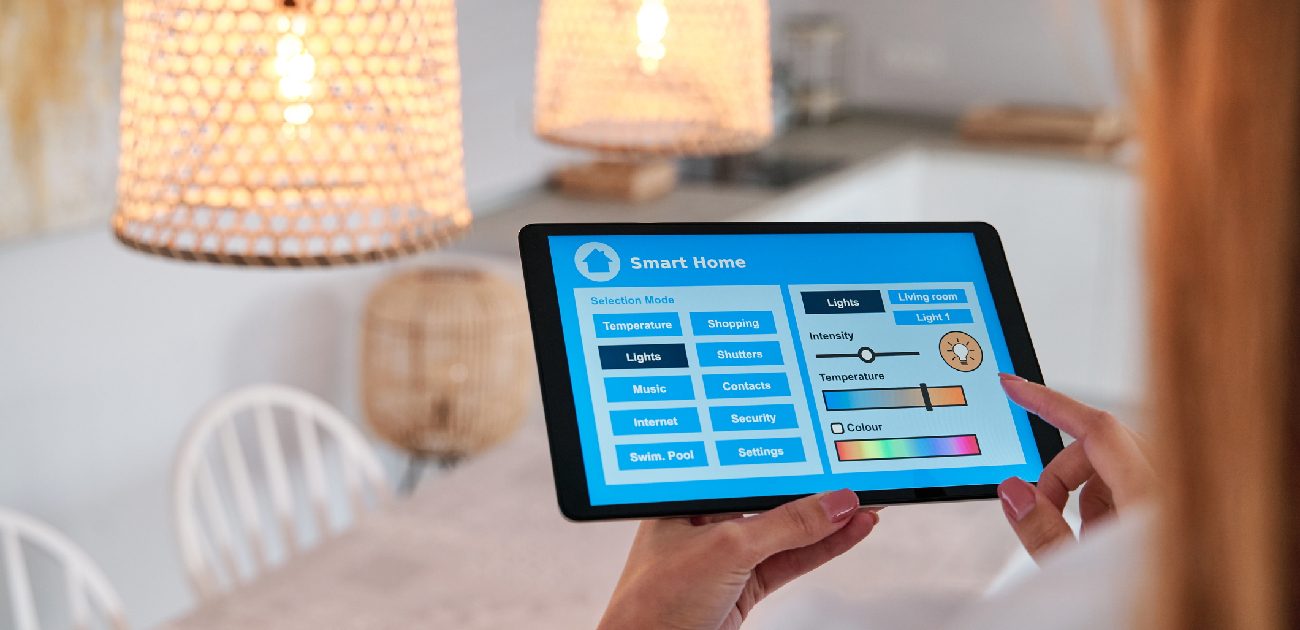 A woman uses a smart tablet with various features for home convenience
