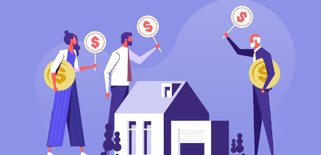 A graphic of three bidders waving money signs while surrounding a home for sale.