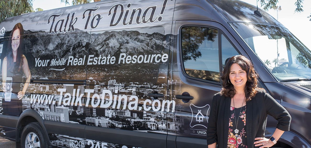 Dina Hogg in front of her mobile office