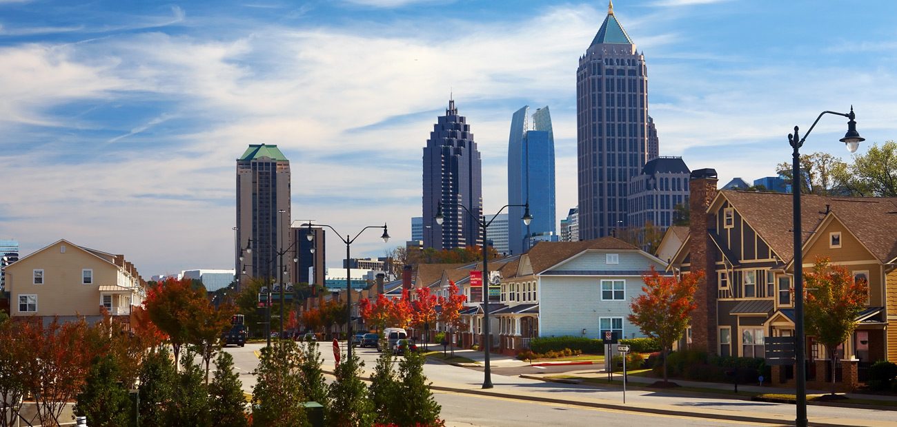 Houses against midtown skyline. Atlanta, GA.