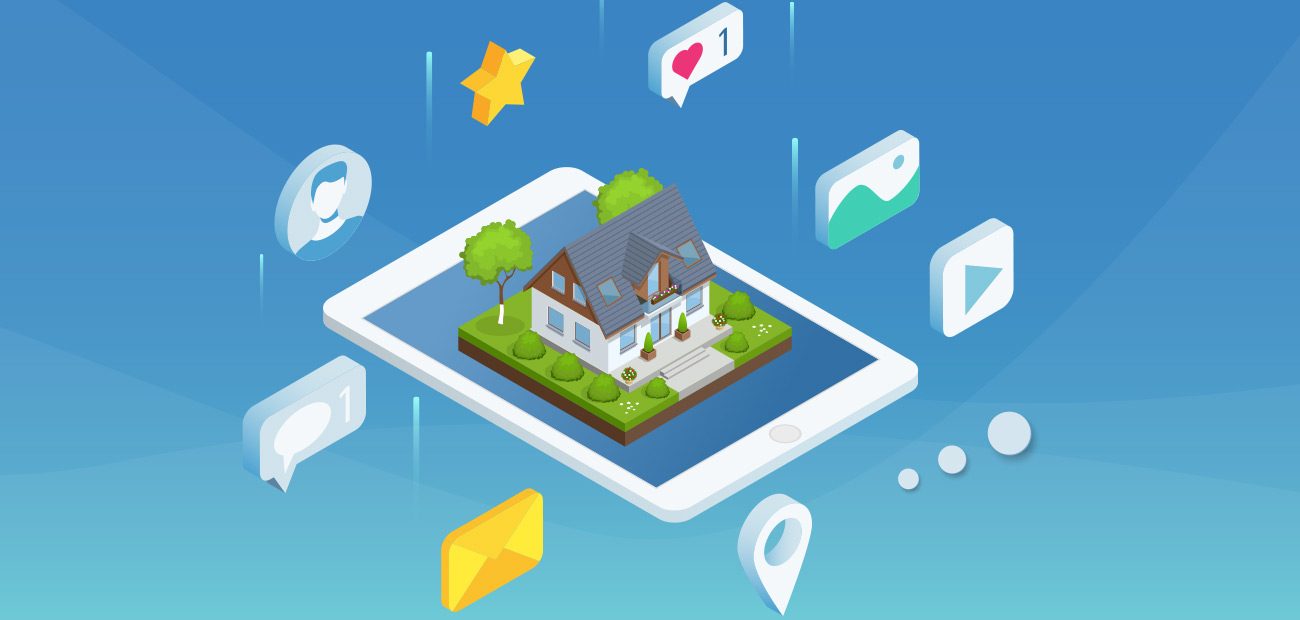 isometric home on phone screen surrounded by task icons