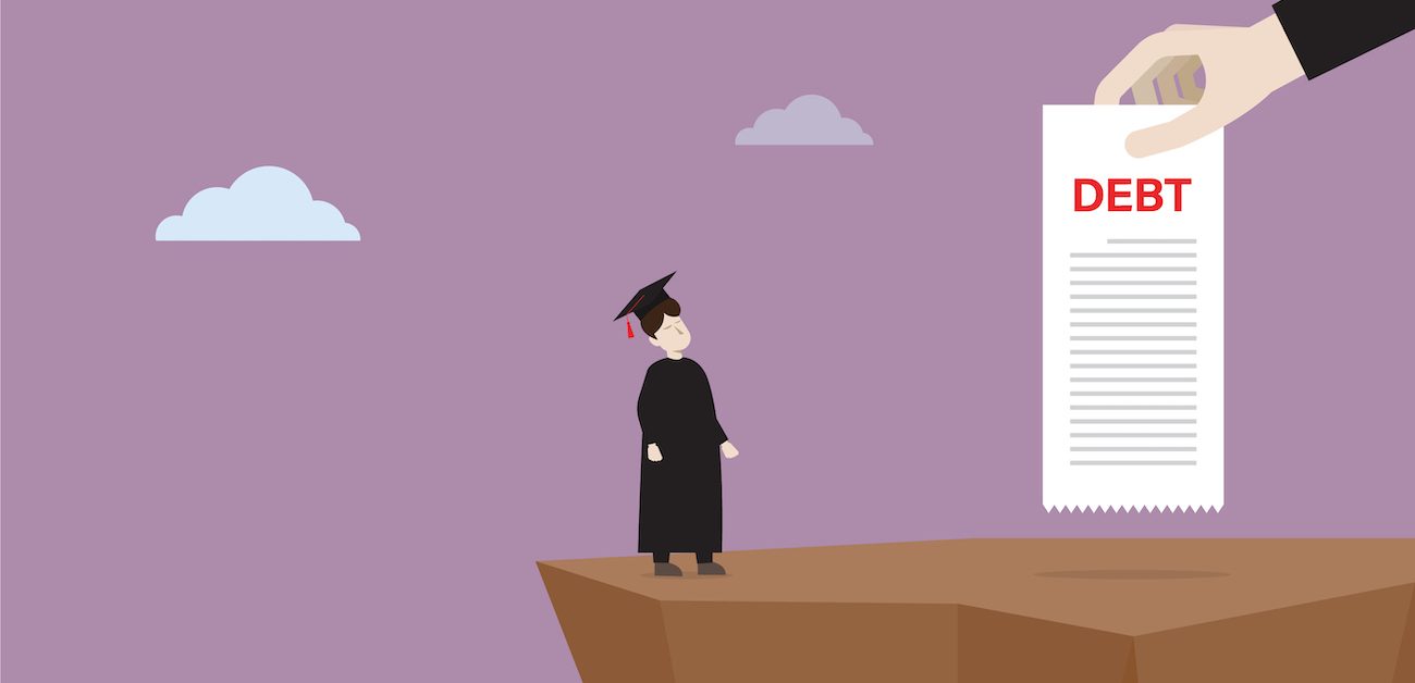 A student graduate stands on a cliff with a student debt bill.