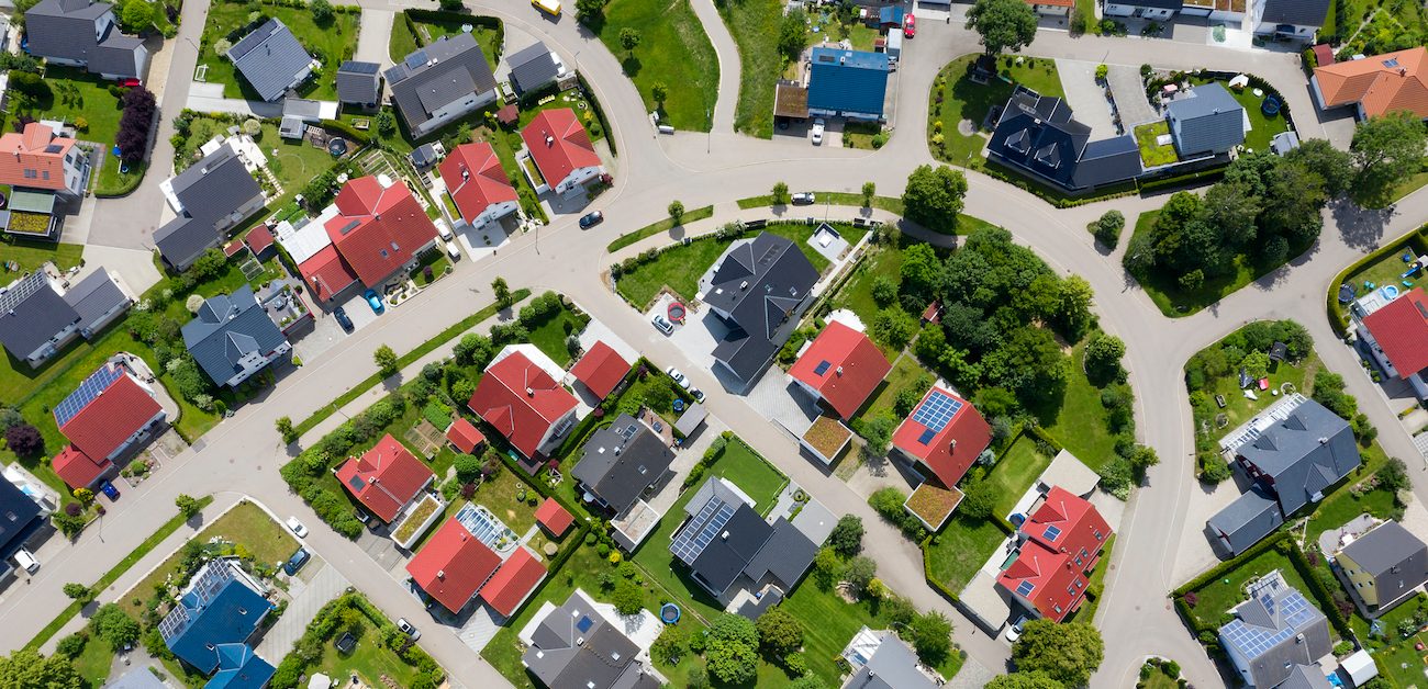 Aerial view of suburban homes.