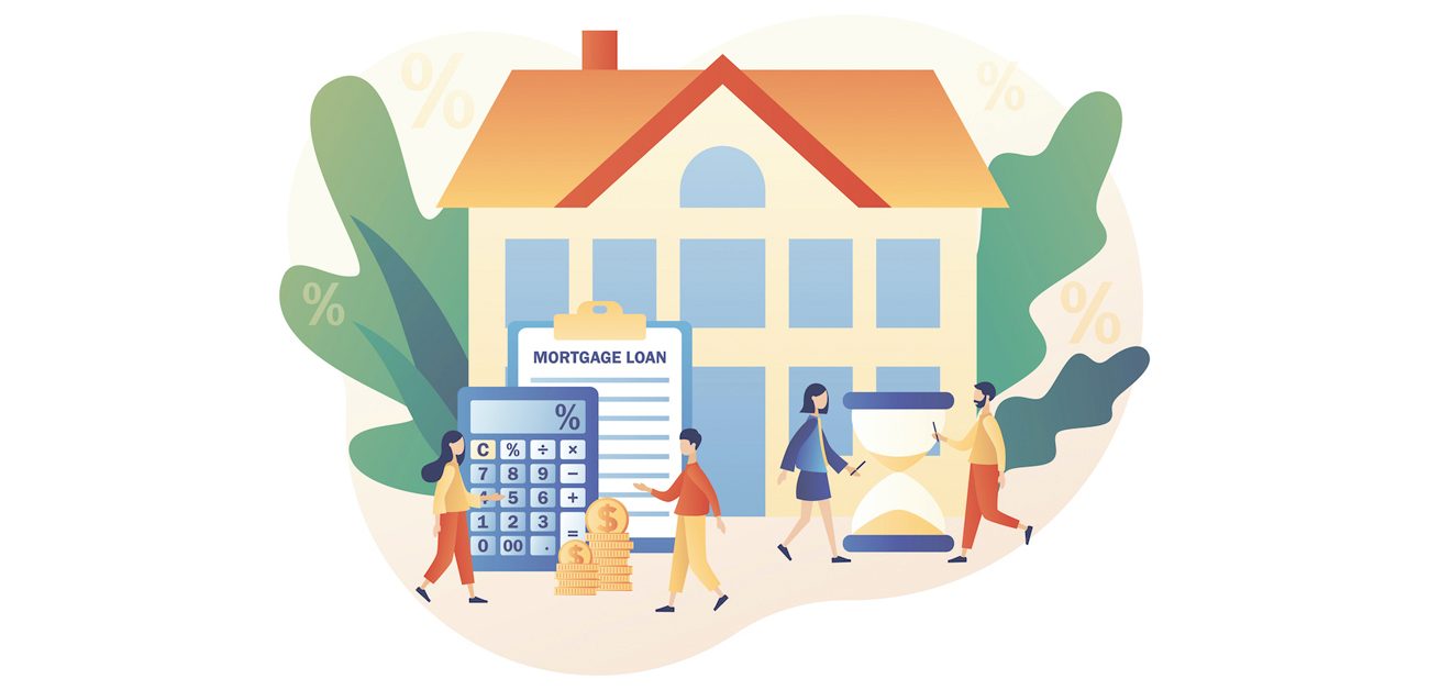 Mortgage loan concept with cartoon people buying house.