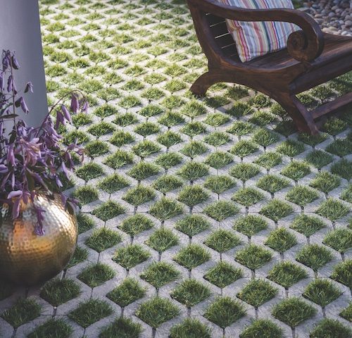 Patterned hardscape with grass squares