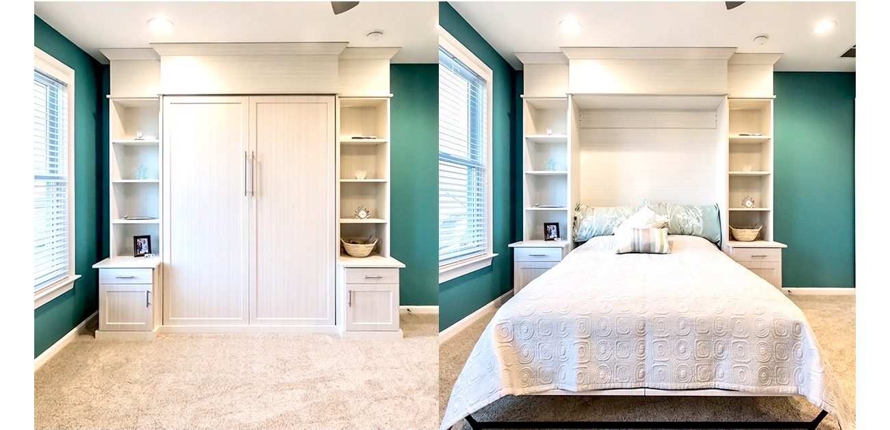 A Murphy bed along a wall can turn a guest bedroom into flex space for other uses.