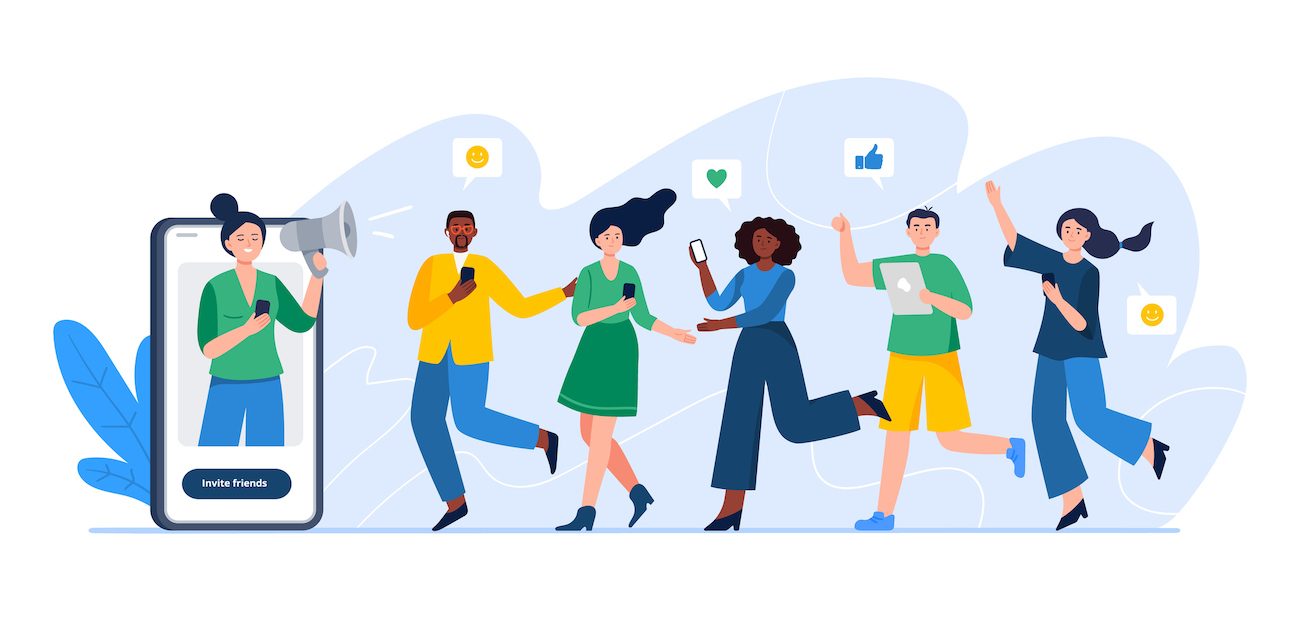 Group of people holding phones and icons representing communication and likes.