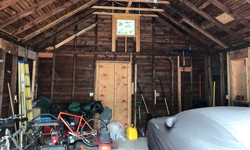 Cluttered wood garage
