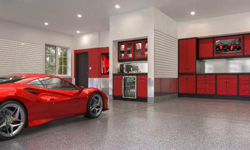 A red and white Ferrari themed garage