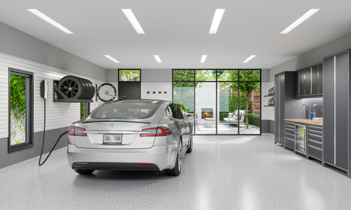Garage with large windows and an EV charging station