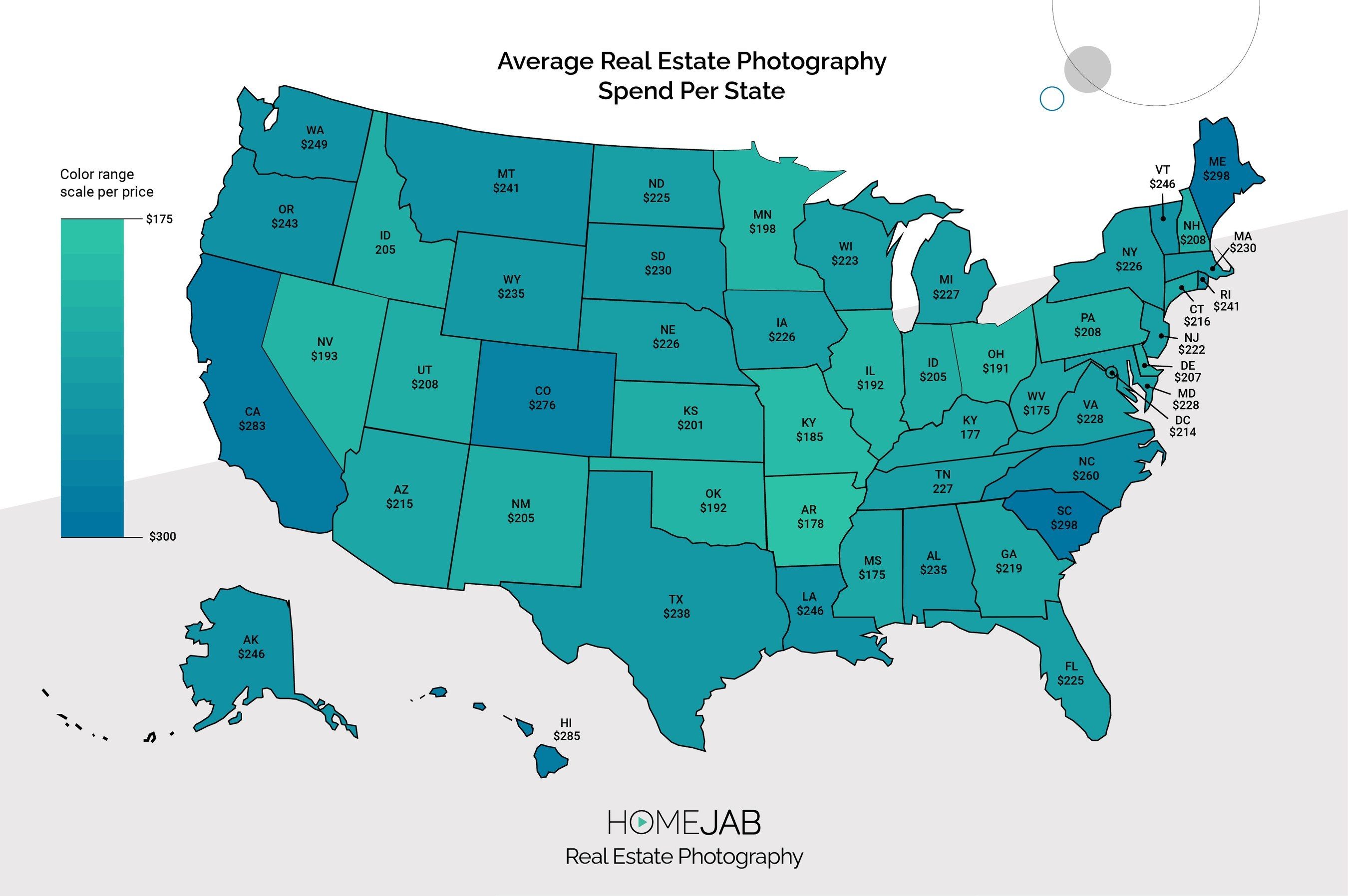 A map of the U.S. on a gradient color scale showing the average amount of money real estate professionals spend on photography.