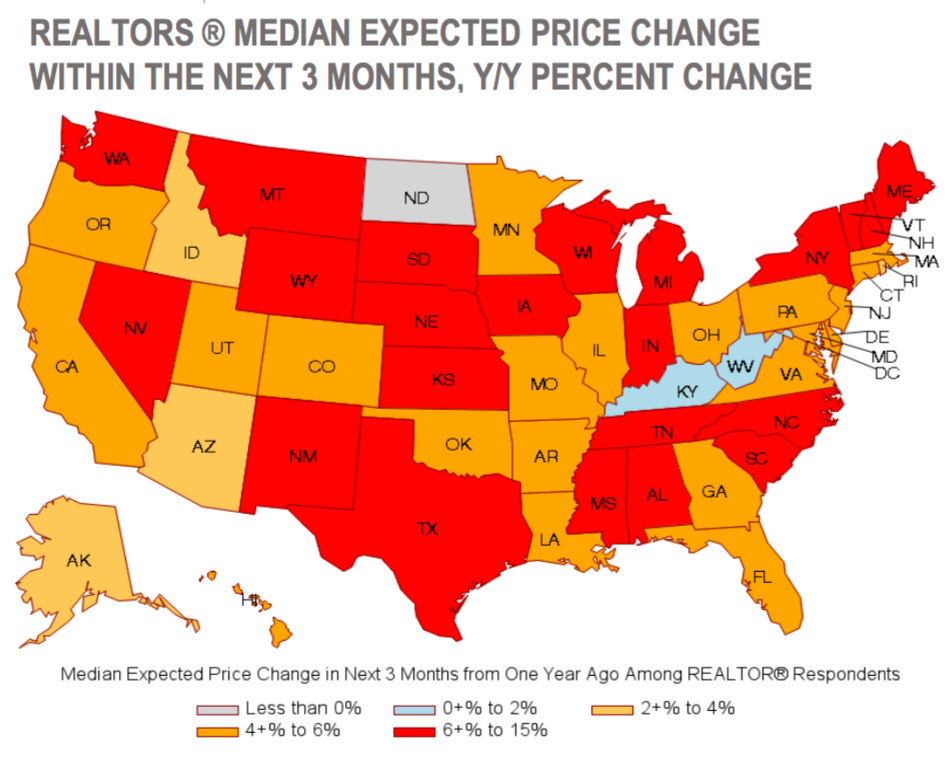 A map of the U.S. on a gradient color scale showing the median expected housing price change in the next 3 months.