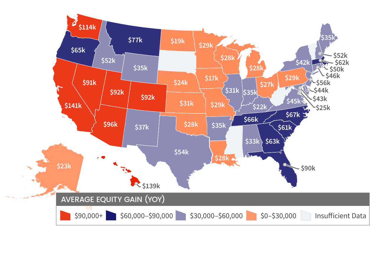 A map showing the equity of homeowners by state