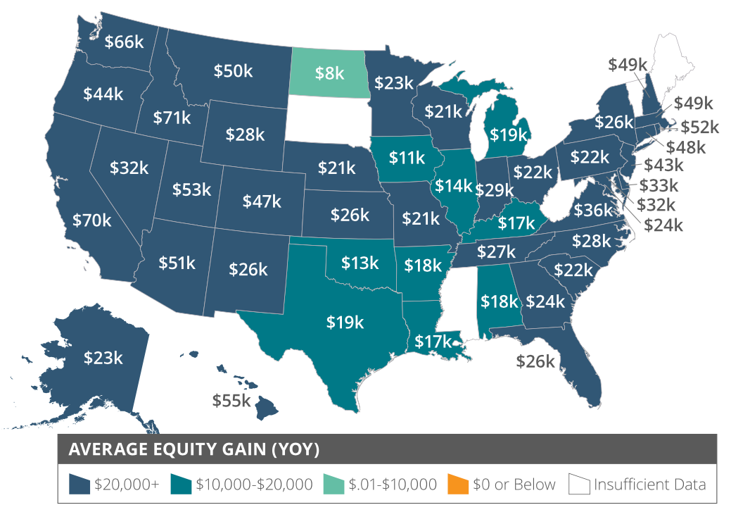 U.S. map showing average home equity gains by state.