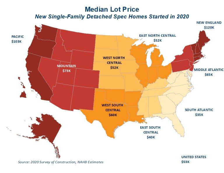 Median lot prices in 2020 by region