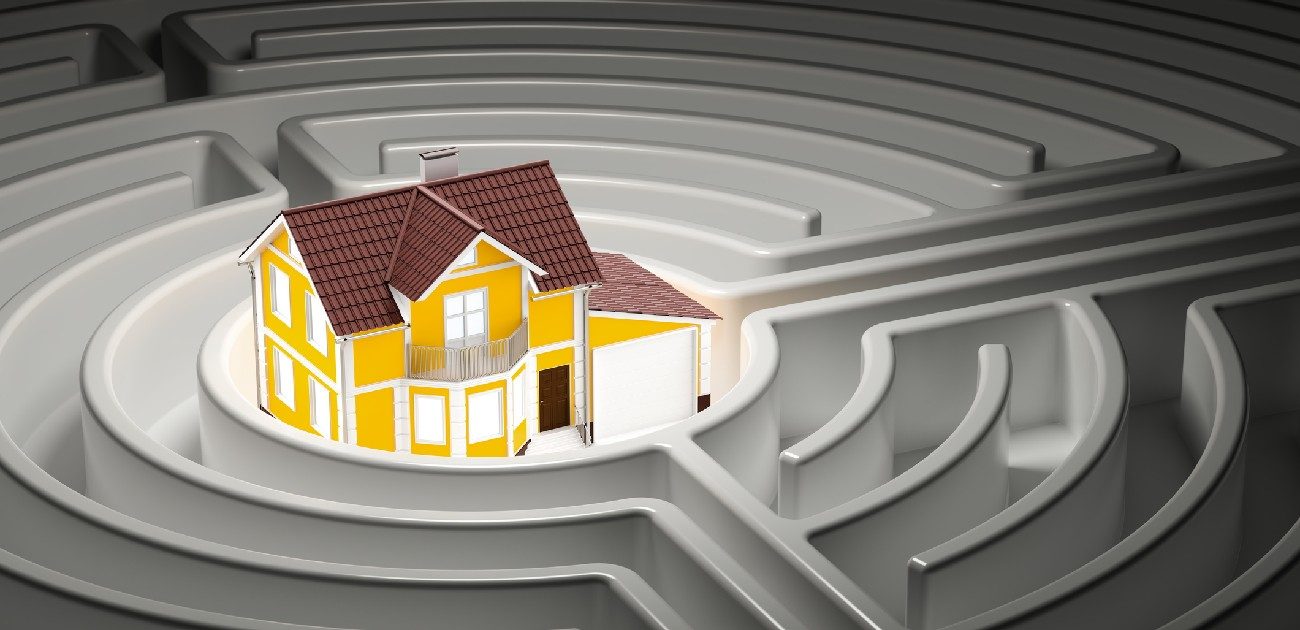 A graphic of a house surrounded by a 3D maze.