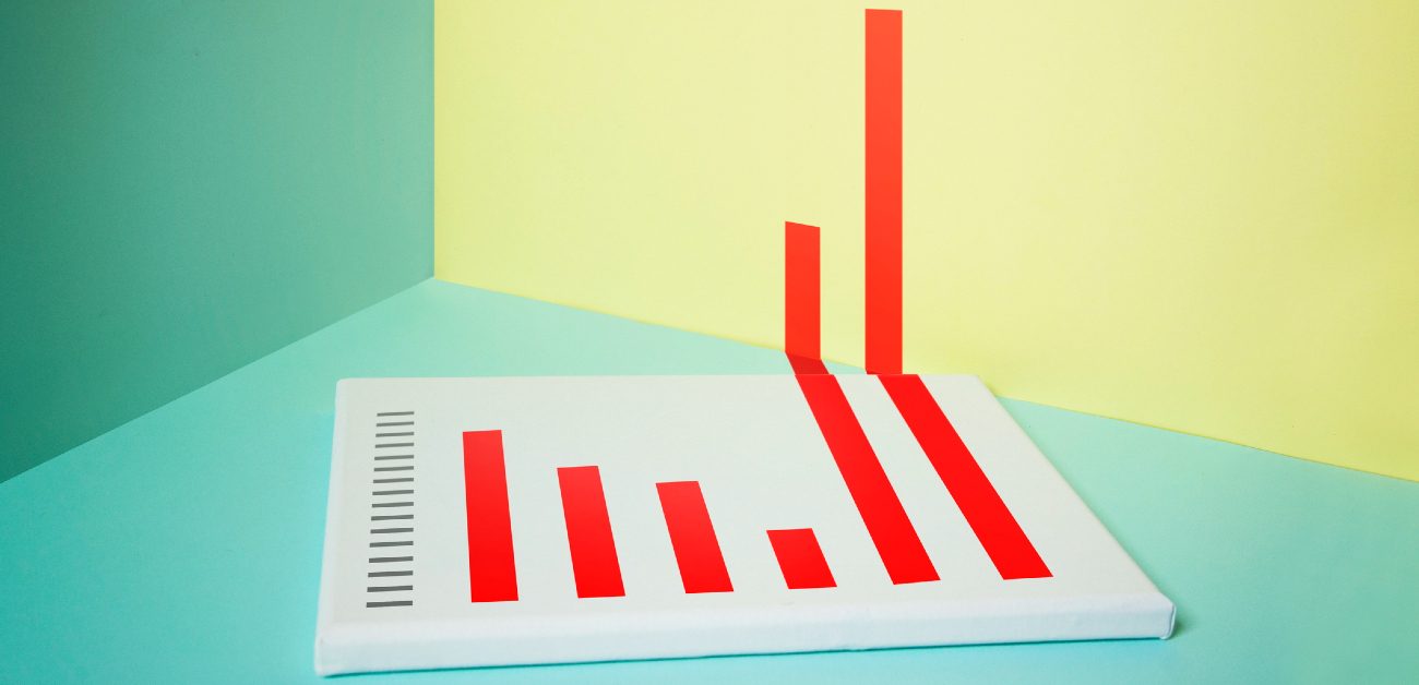A digital drawing of a bar chart showing two red bars on the right extending off and above the chart.