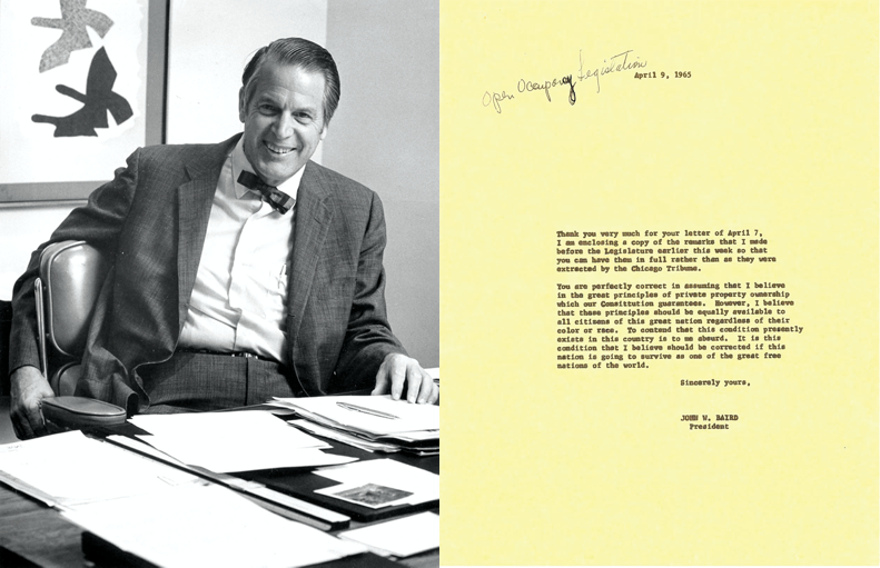Photo of John Baird at his desk; letter from John Baird