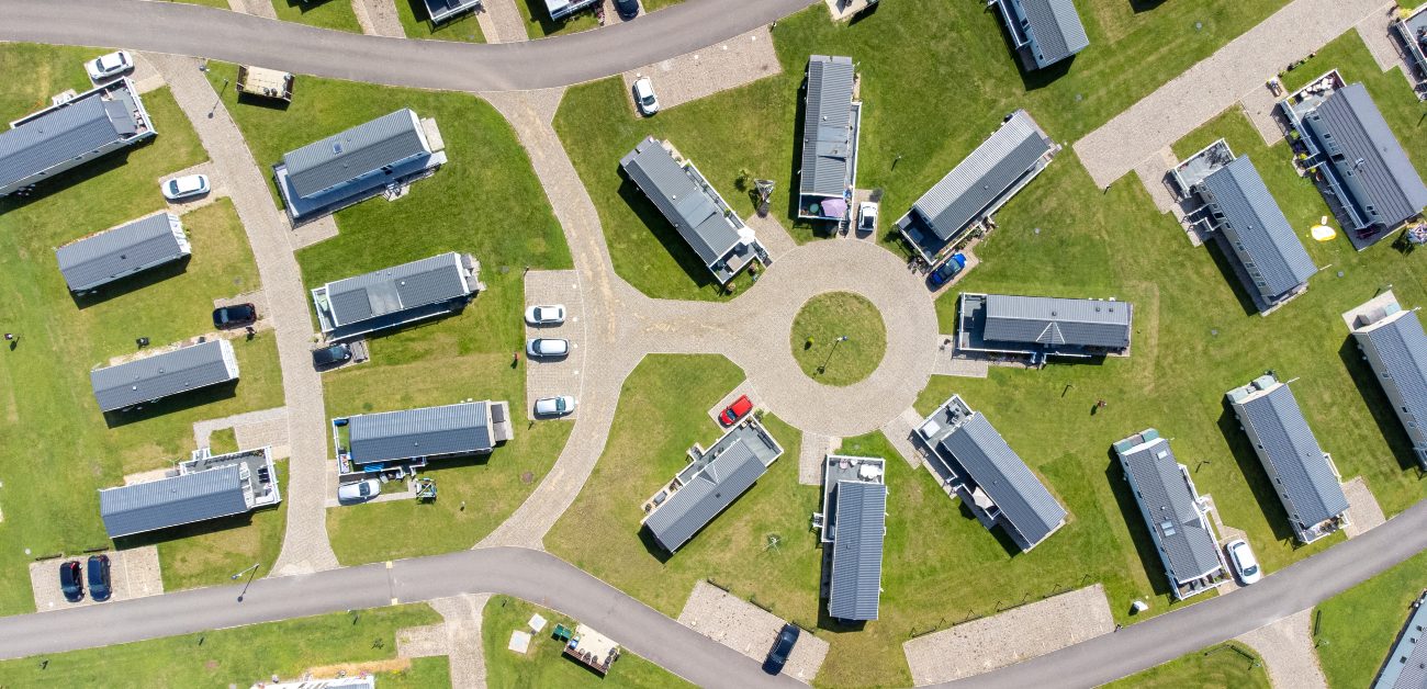 An aerial photograph looking down on a mobile home park.