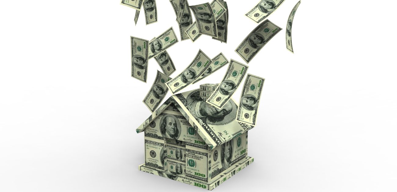 A graphic image of $100 bills falling from above frame and forming the shape of a house as they land.