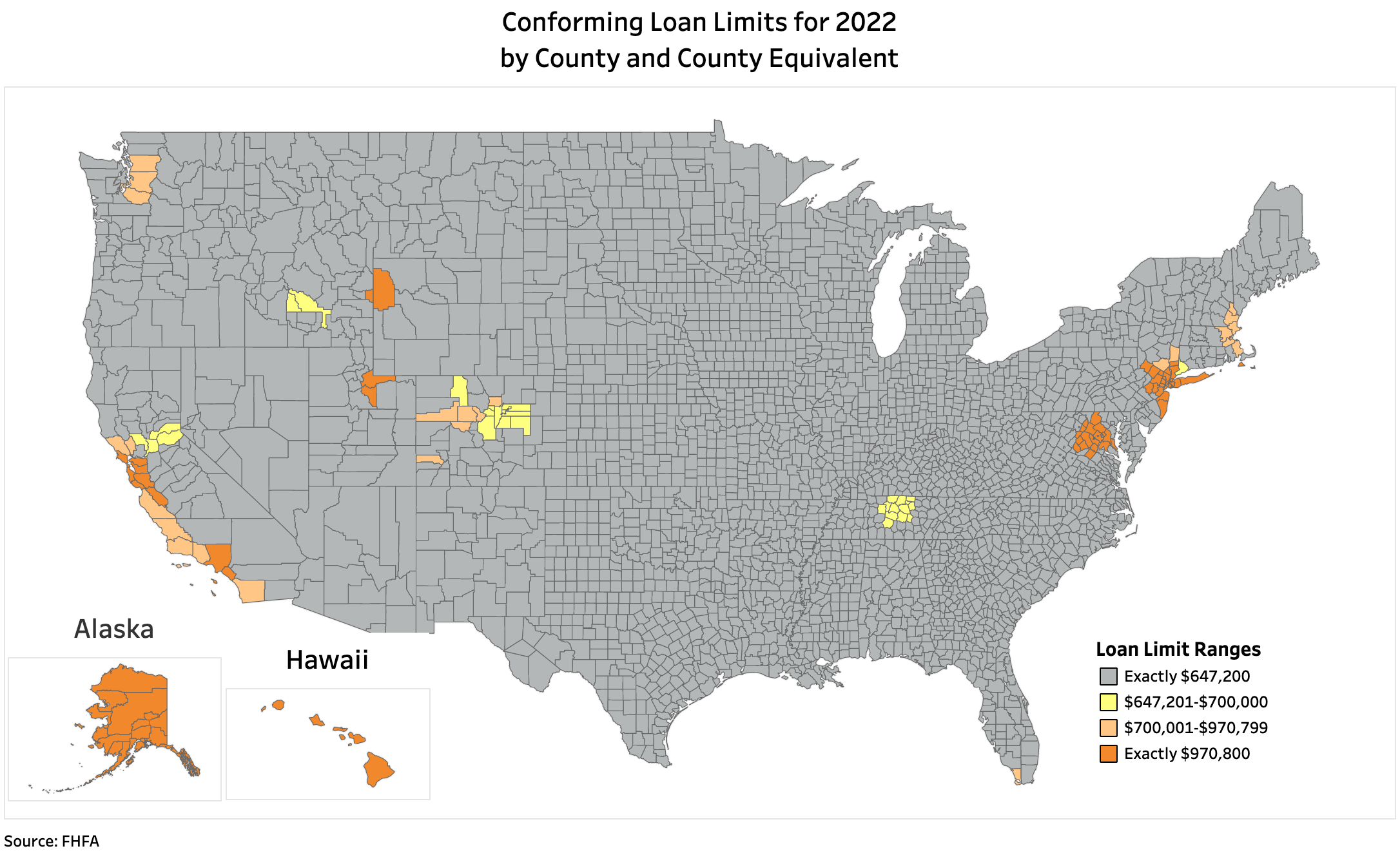 A map of the U.S. showing conforming loan limits for 2022 by county across the country.