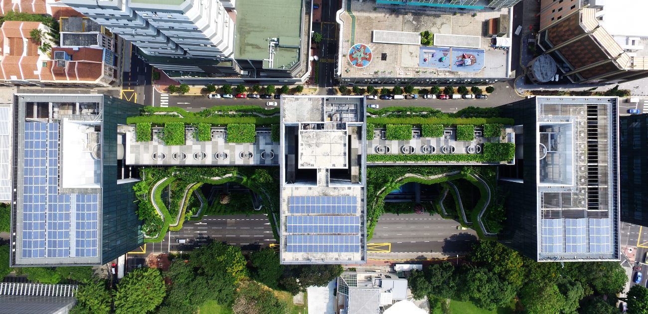 An aerial photograph of solar panels on city building rooftops.