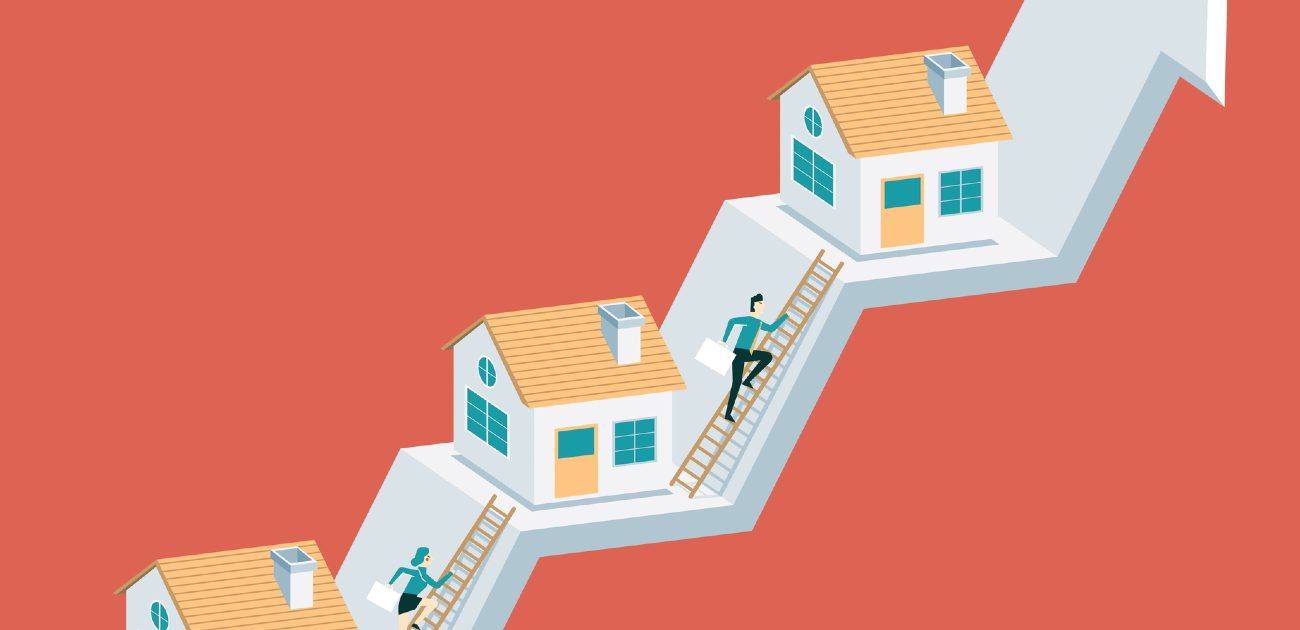 An illustration of houses and ladders on horizontal parts of an upward arrow, implying mortgage rates increasing.