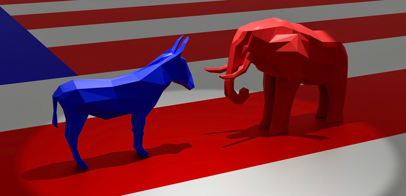 Democratic Blue Donkey and Republican Red Elephant