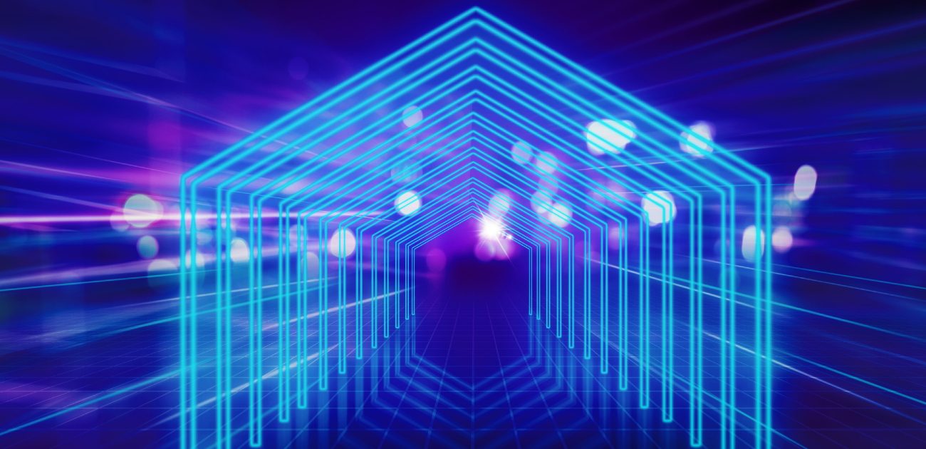 A computerized graphic of the basic outline of a house extending into the background like a futuristic hallway