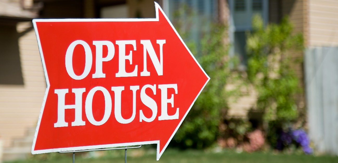 A red arrow sign reading "OPEN HOUSE"