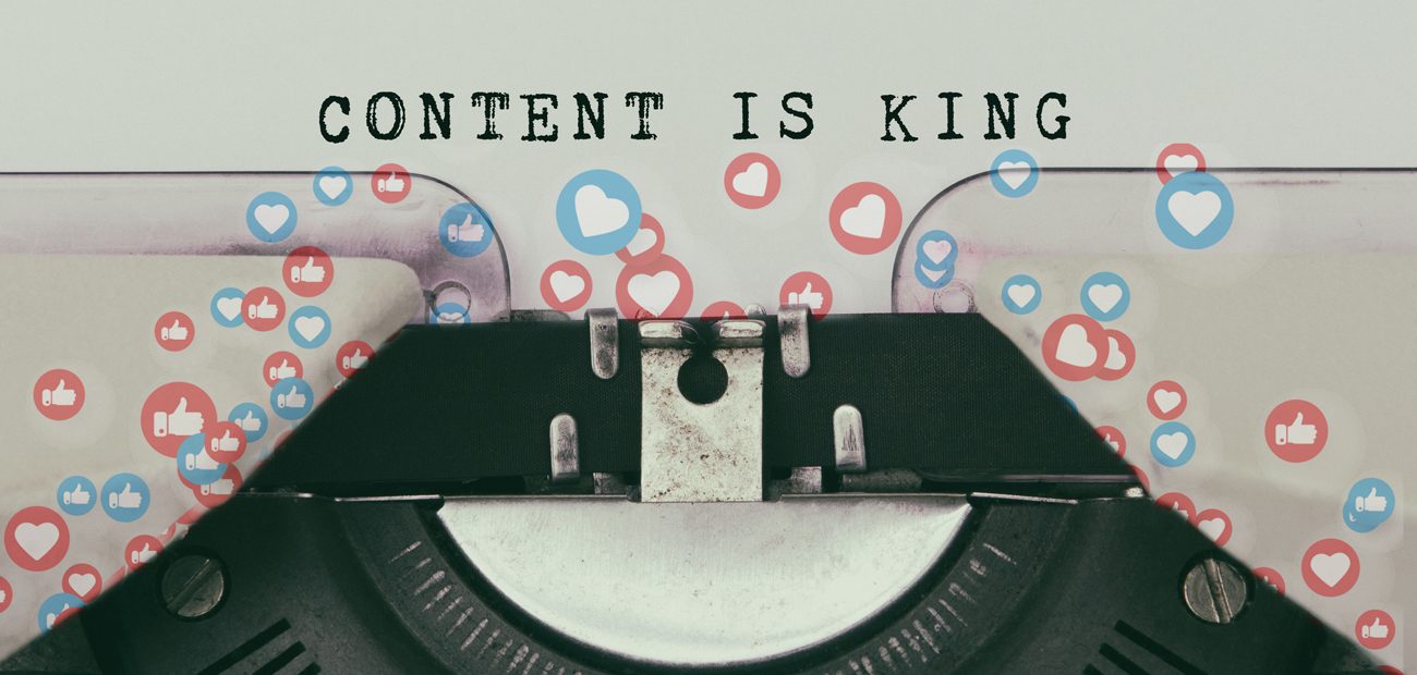 detail of old typewriter; "Content is King" text on paper; social media "likes" cover page.