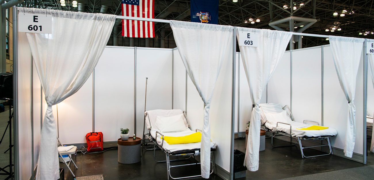 Hospital bed booths are set up at the Jacob K. Javits Convention Center which was turned into a hospital to help fight coronavir