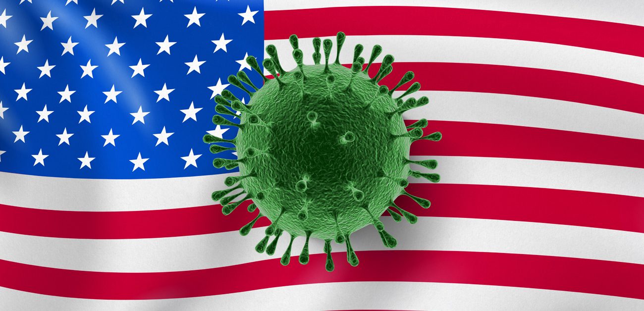 covid virus in front of American flag