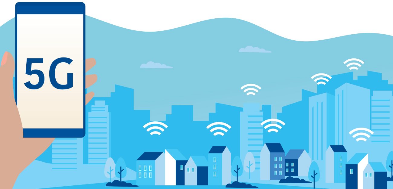 conceptual illustration 5G on phone, city with wireless symbols in background