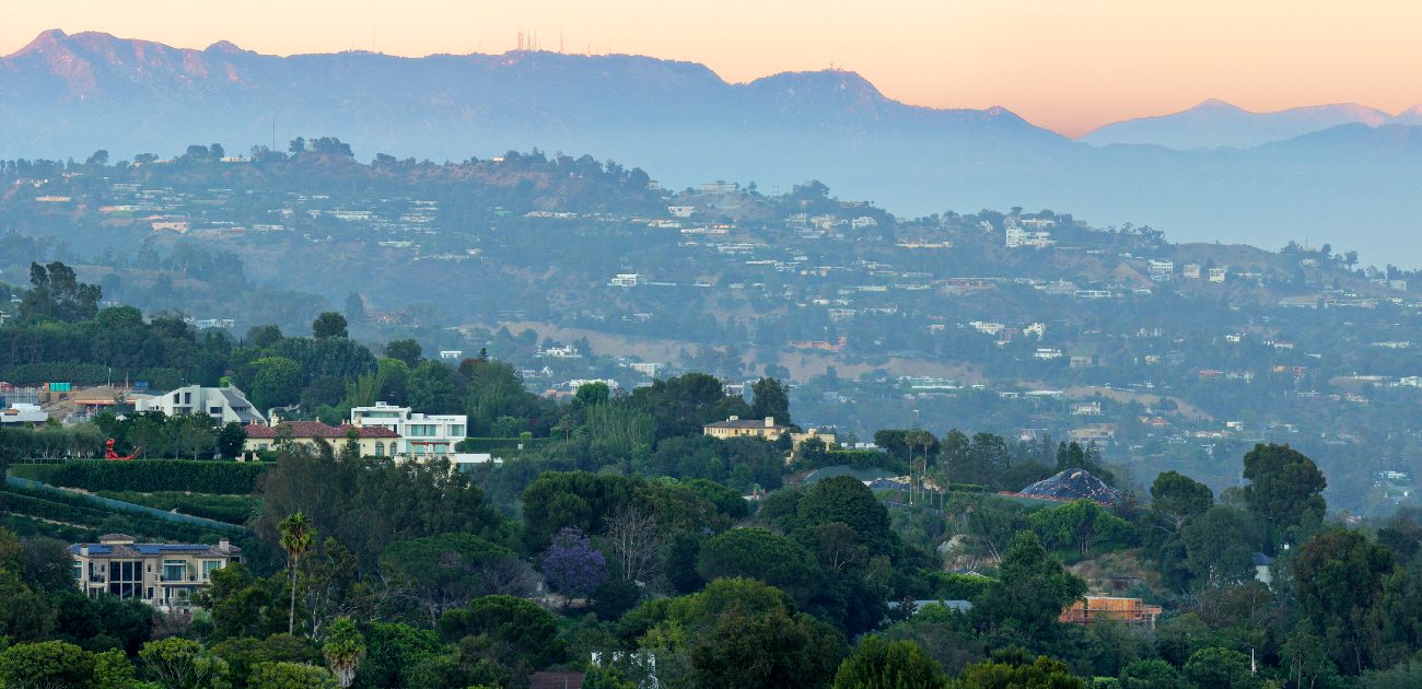 A picture of Bel Air, an affluent neighborhood in Los Angeles, and the mountains behind it.
