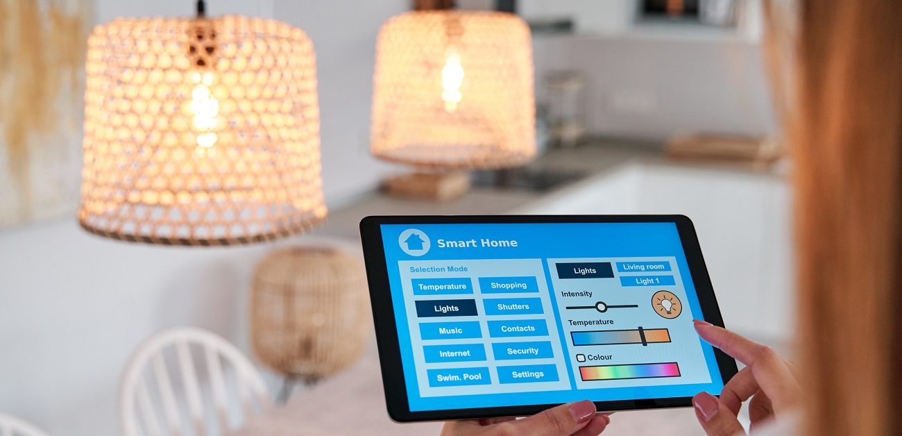 Woman using app to control smart lights