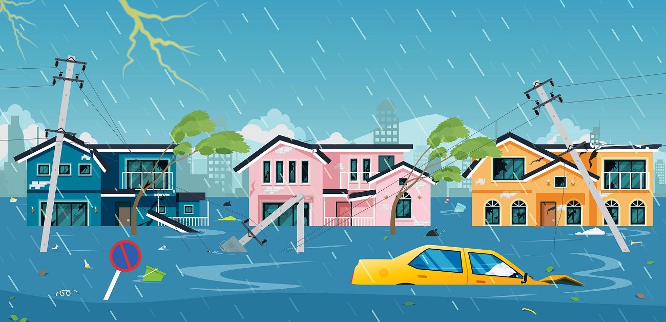 Illustration of flooding in a residential neighborhood