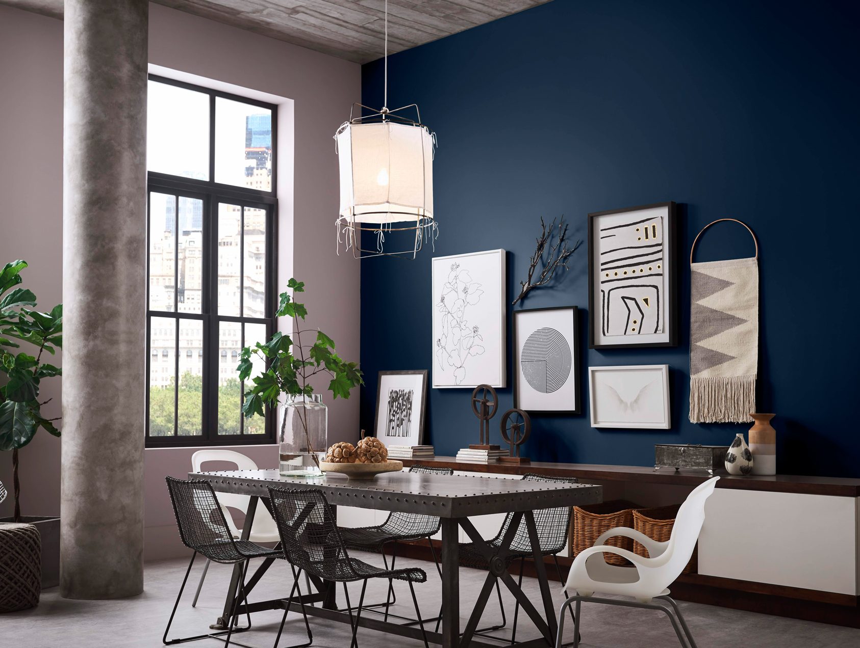 Navy accent wall in dining room