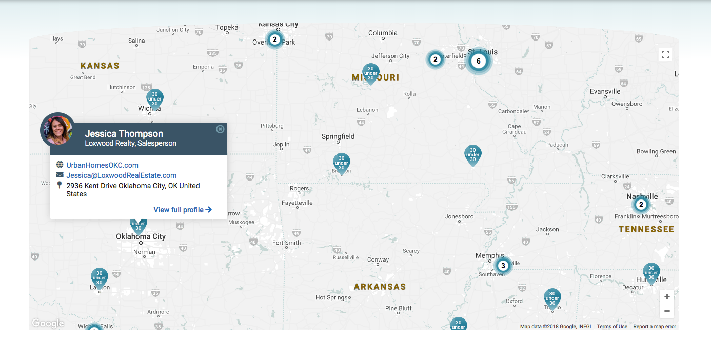 screenshot of an interactive map showing where the 30 Under 30 honorees are located across the U.S.